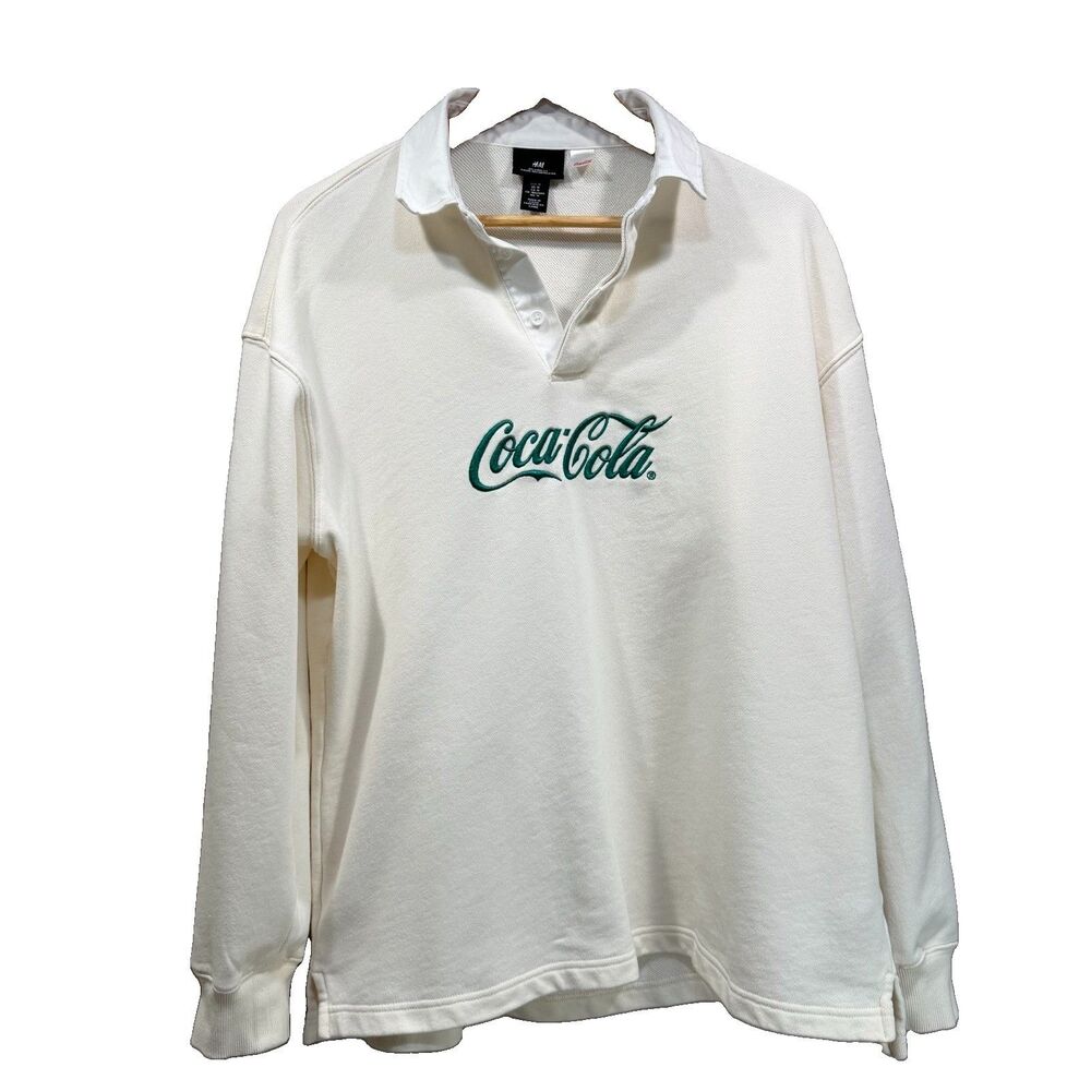H&M Men's M Embroidered Coca-Cola Pullover Shirt Long Sleeve Rugby Back Print